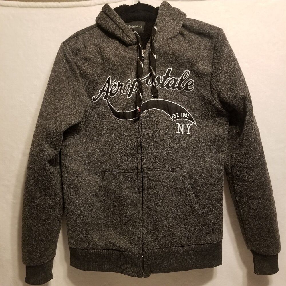 Aeropostale XL Hoodie Jacket Full Zip Gray Sherpa Lined Cozy Classic Y2K Preppy